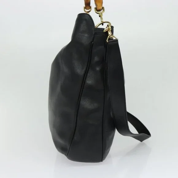 GUCCI Bamboo Hand Bag Leather 2way Black Gold 001 2123 1577 Auth 135785